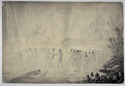 مقابلة الكابتن كوك مع السكان الأصليين في Adventure Bay ، Van Diemen&39;s Land ، 29 يناير 1777 ، c.1777 (قلم وحبر وغسل رمادي على الورق) بواسطة جون ويبر